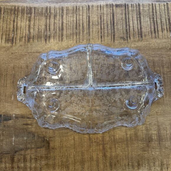 Vintage Cambridge Rose Etched Glass Relish Dish 3 Section Footed Tray Handles - Picture 7 of 7